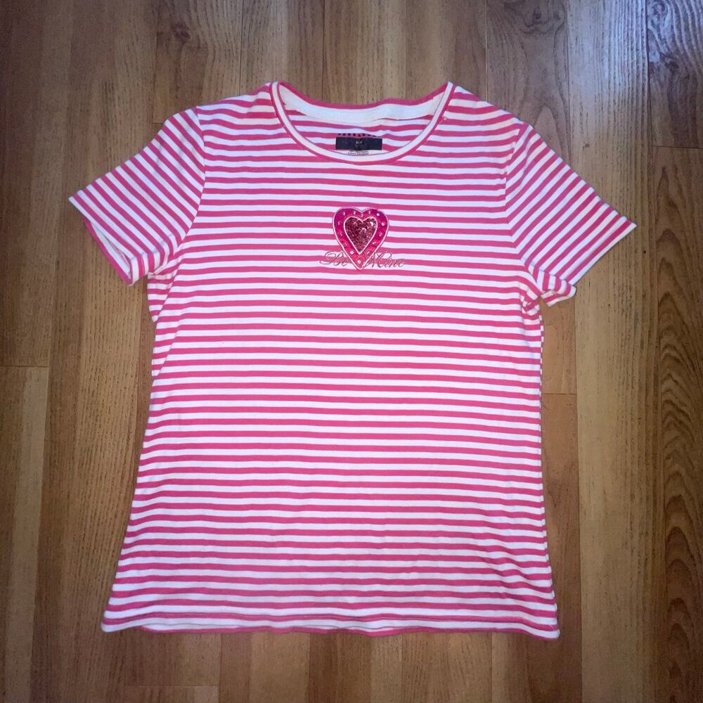 Y2K Pink & White Striped Sequin Heart Top Size M